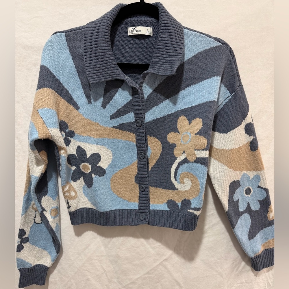 Hollister Button Up Cardigan Sweater Flowers & Mushrooms Print Blue Tan Large